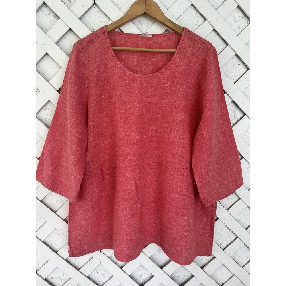 Pure Jill Linen Top 3/4 Sleeve Boxy Coral Pink Boho Beachy Lagenlook XL